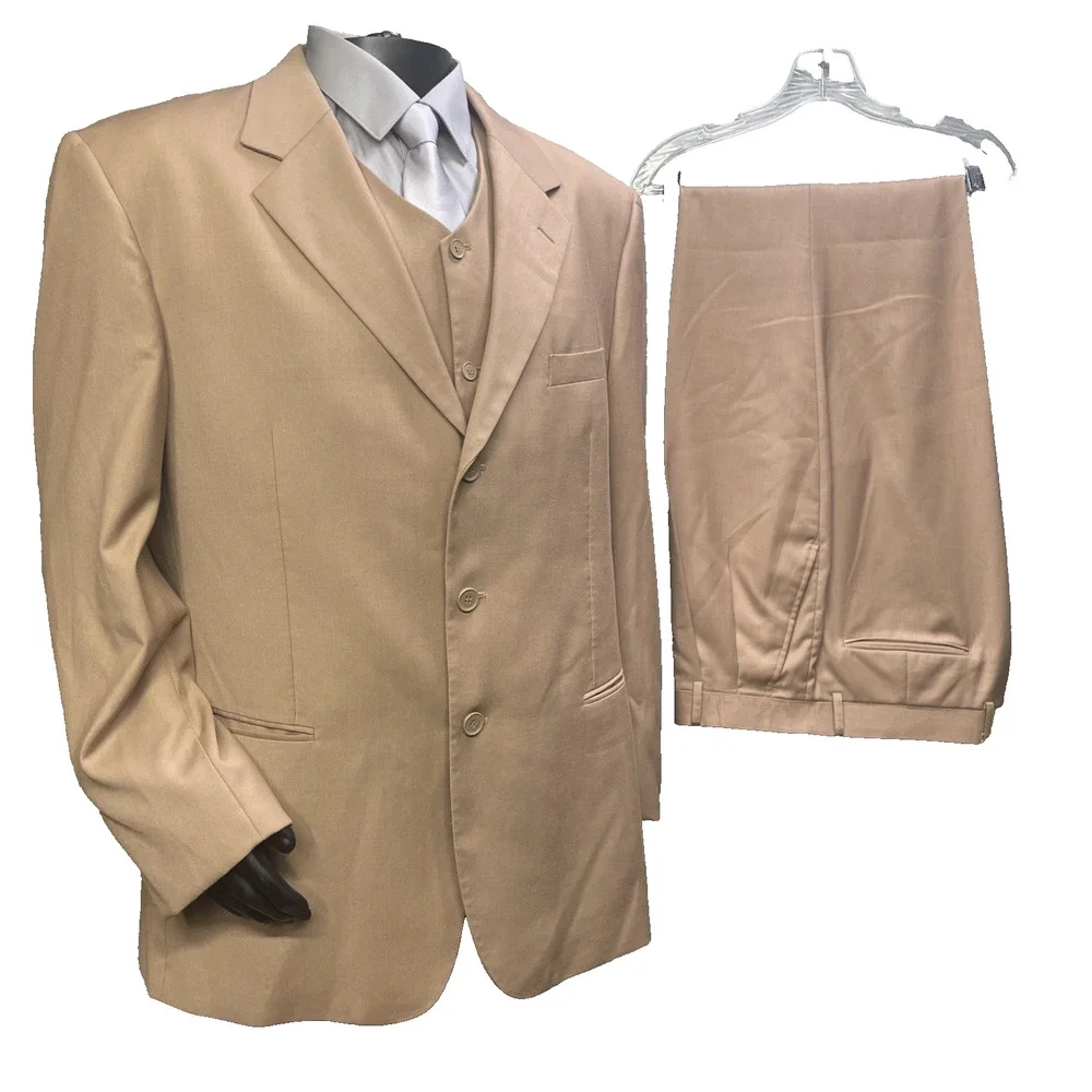 Vittorio St Angelo Mens 3 Pc Suit Sand 3-But Blazer/Vest 48R Pants 42R Classic